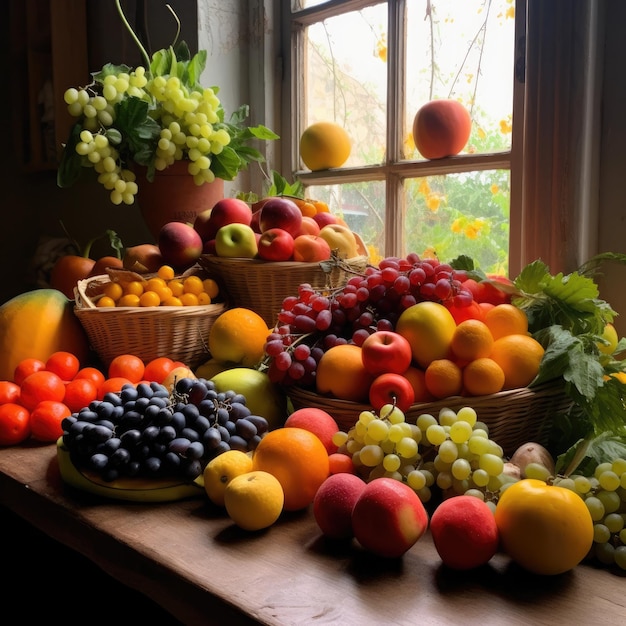 Fresh fruit and vegetables on table Generative AI