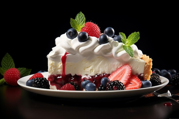 Fresh fruit and whipped cream on a sweet pie slice