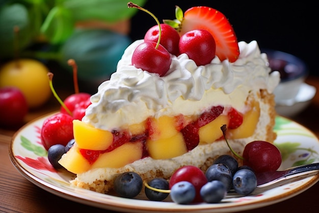 Fresh fruit and whipped cream on a sweet pie slice