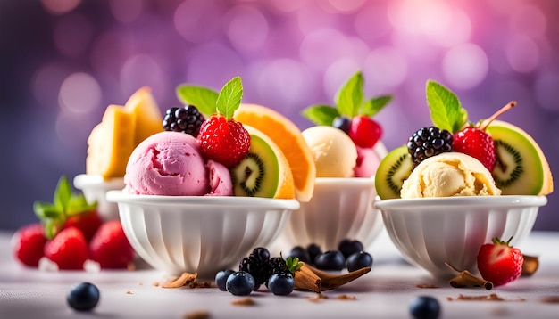 Fresh fruit with scoops of creamy ice cream