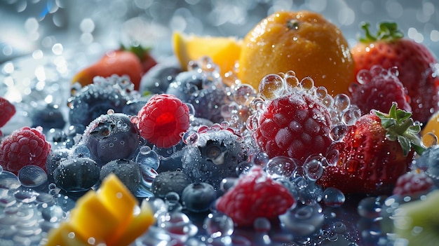 Fresh Fruit with Water Droplets on Table