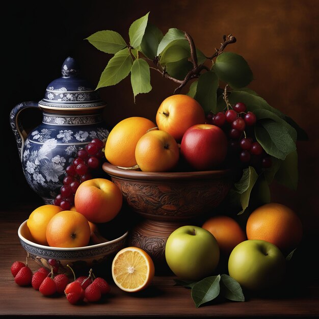 fresh fruit in a wooden bowlfresh fruit in a wooden bowlstill life of fresh ripe fruits and flowers