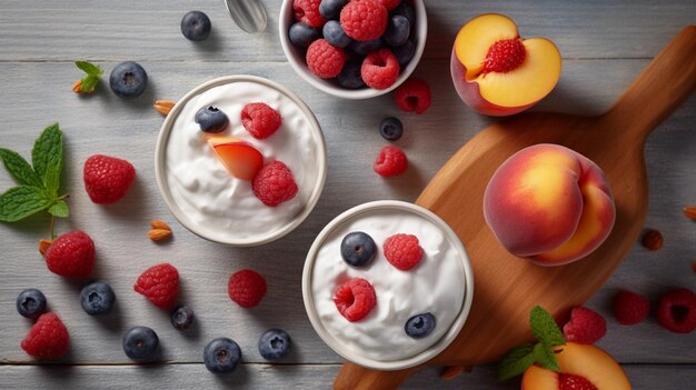 Свежий фруктовый йогурт со свежими ягодами и персиками
