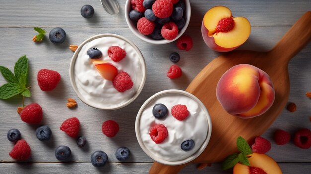 Fresh fruit yogurt with fresh berries and peaches