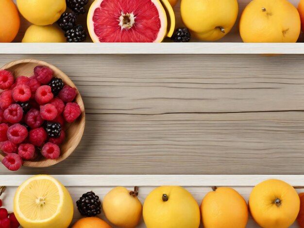 사진 신선 한 과일 과 베리 들 이 나무 테이블 에 평평 하게 놓여 있다