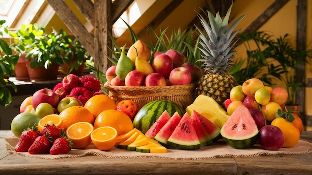 fresh fruits arranged on a rustic wooden table