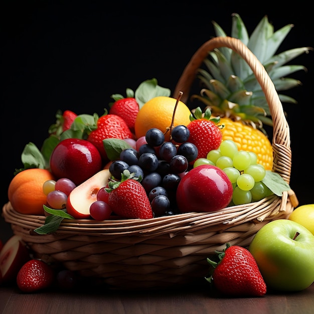 fresh fruits in the basket with dark background