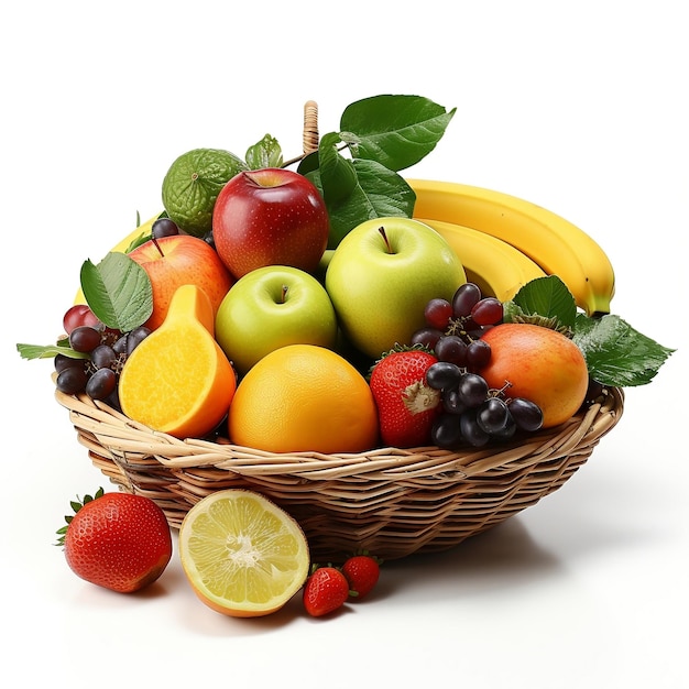 fresh fruits in the basket with white background