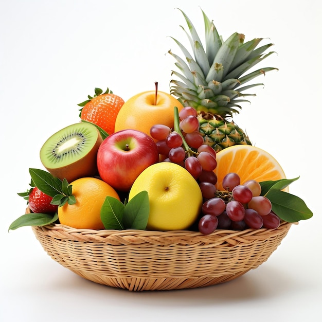fresh fruits in the basket with white background