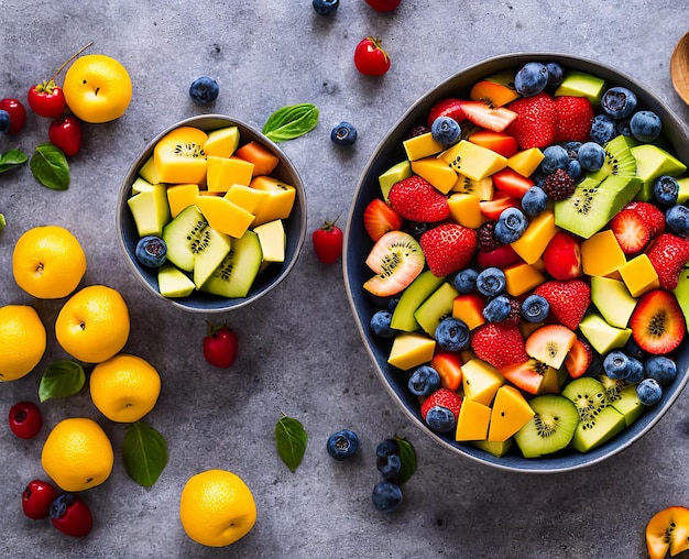 Fresh fruits and berries on a dark background top view free space for your text