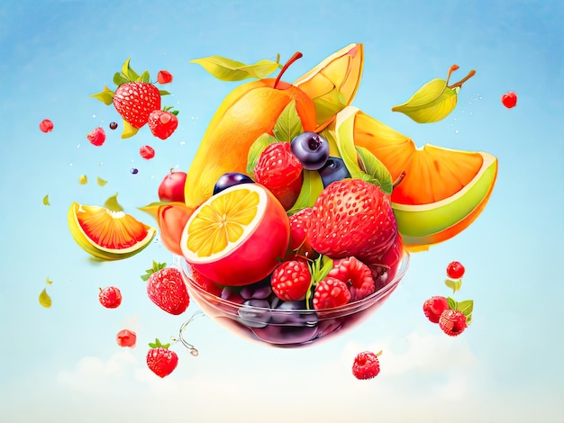 Fresh fruits and berries falling or flying on soft blue background