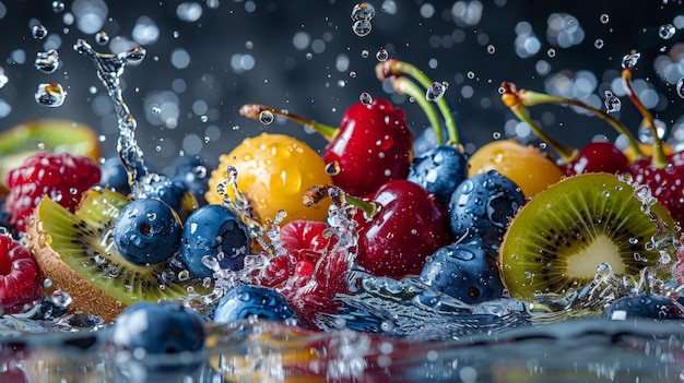 Fresh fruits and berries falling into water with splashes on dark background