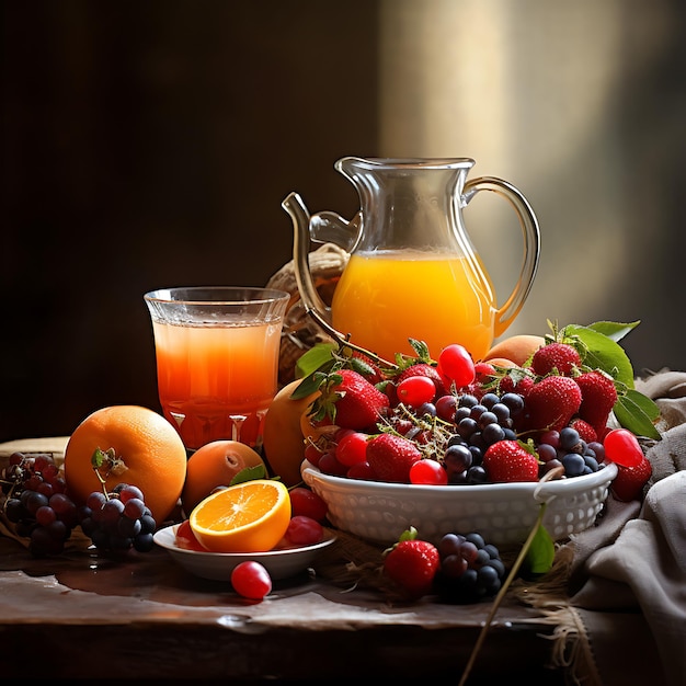 Fresh fruits and berries with jug of milk on a dark background