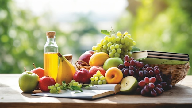 Fresh fruits and bottle of wine on wooden table in garden Healthy food concept