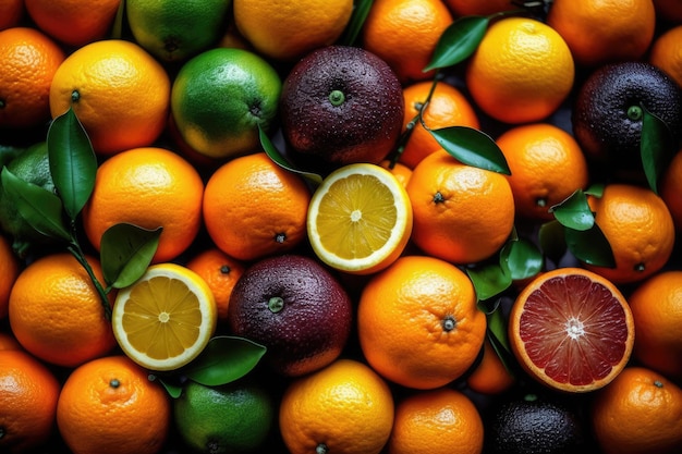 Fresh fruits of different citrus fruits in fruit shops