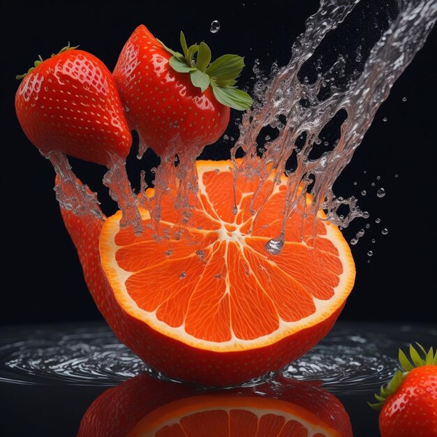 Foto frutta fresca che cade in acqua spruzzata isolata su uno sfondo nero