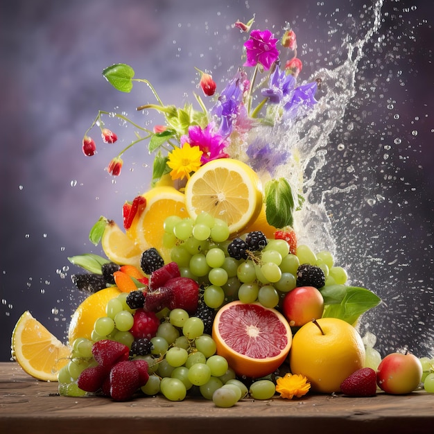 Fresh fruits and flowers in water splashes colorful dynamic still life