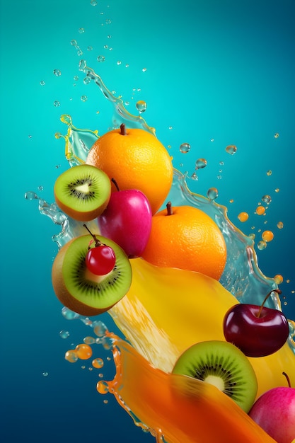 Foto frutta fresca che vola con spruzzi d'acqua su sfondo di colore brillante