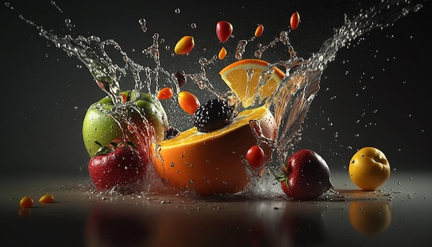 Свежие фрукты замораживают движение брызг воды. Сгенерировано AI.