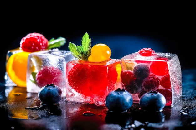 Fresh fruits frozen in ice cubes Fresh healthy summer eating Ai generative