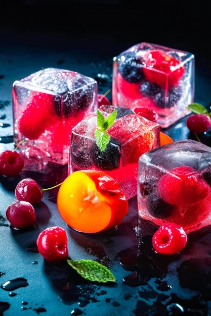 Fresh fruits frozen in ice cubes Fresh healthy summer eating Ai generative