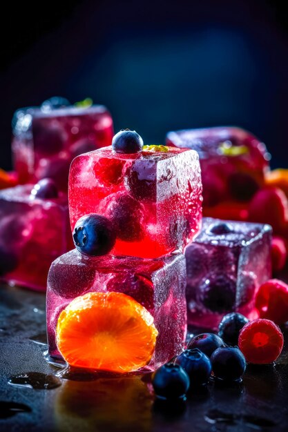 Fresh fruits frozen in ice cubes Fresh healthy summer eating Ai generative