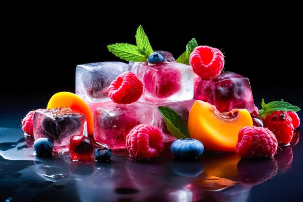 Fresh fruits frozen in ice cubes Fresh healthy summer eating Ai generative