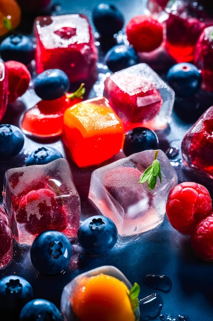 Свежие фрукты, замороженные в кубиках льда, свежая здоровая летняя еда ai генеративный
