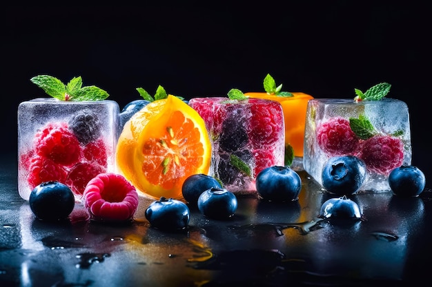 Fresh fruits frozen in ice cubes Fresh healthy summer eating Ai generative