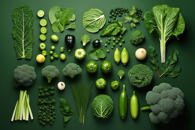 Fresh fruits and green vegetables arranged in a square on deep green background