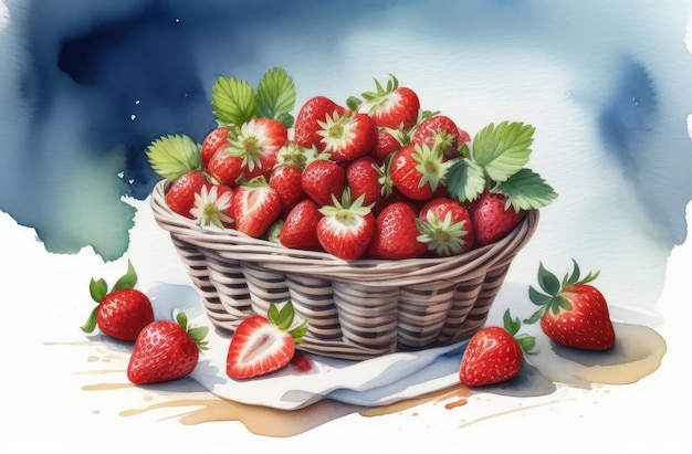 新鮮な果物の健康的な食事水彩イラストの葉とイチゴがいっぱい入ったバスケット
