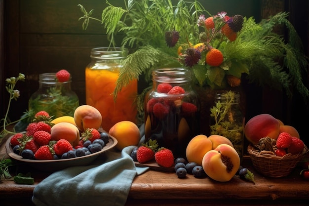 Fresh fruits and herbs beside kombucha jars created with generative ai