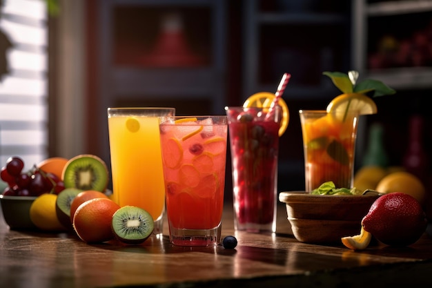 Fresh fruits juice on amazing light background Healthy beverage rich in vitamins Generative Ai