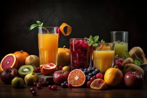 Fresh fruits juice on dark background Healthy beverage rich in vitamins Created Generative Ai