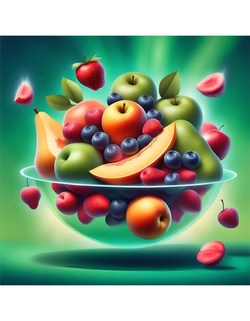 Fresh fruits levitate on a green background