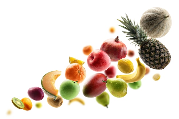 Fresh fruits levitate on a white background