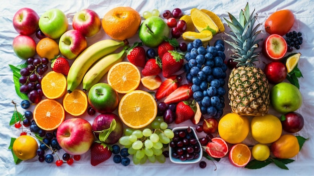 fresh fruits meticulously arranged on a crisp white background