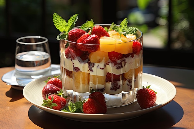 Fresh fruits pudding in vibrant summer brunch generative IA