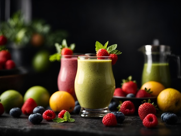 Fresh fruits smoothie on black background