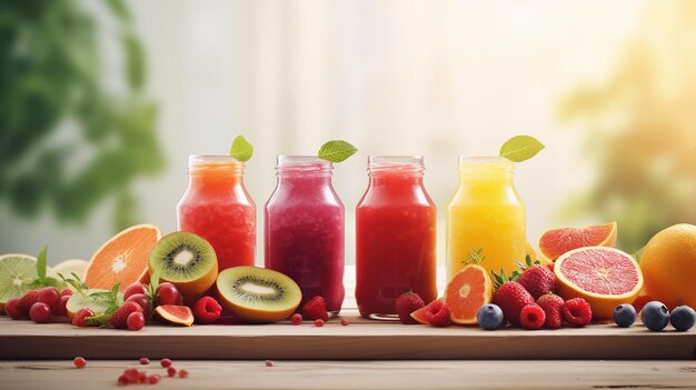 Fresh fruits and smoothie on white background Healthy food concept