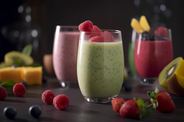 Fresh fruits smoothies closeup of several flavours in a black background