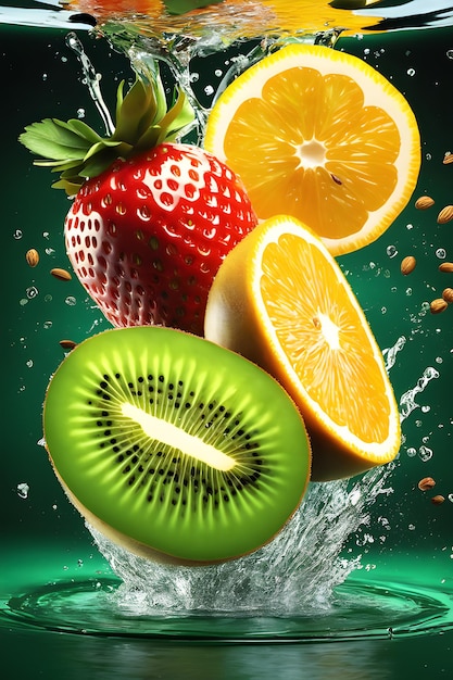 Fresh fruits splash into water Orangekiwistrawberry and nuts on water splash