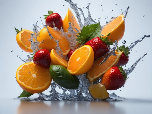 Fresh fruits splashing in water on white background ai generative