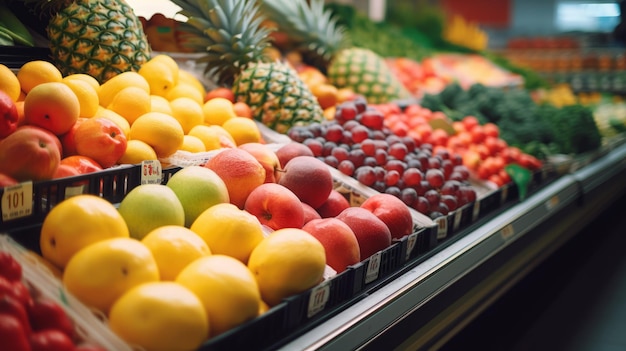 свежие фрукты в супермаркете крупным планом