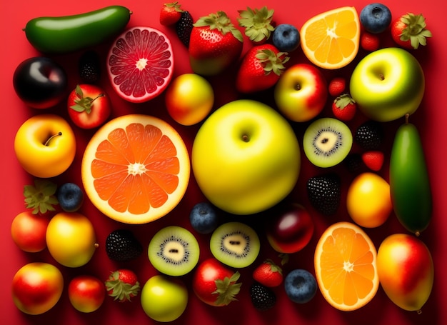 新鮮な果物 上面図 りんご 梨 プラム オレンジ いちご など Ai で生成されたアート作品