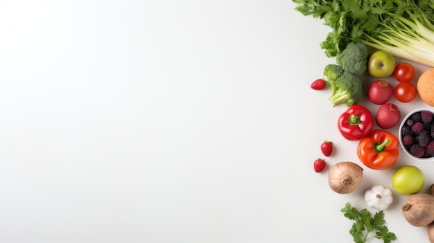 Fresh fruits and vegetables arranged on a white background ai