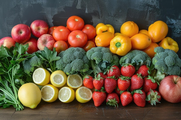 木製のテーブルに並べられた新鮮な果物と野菜