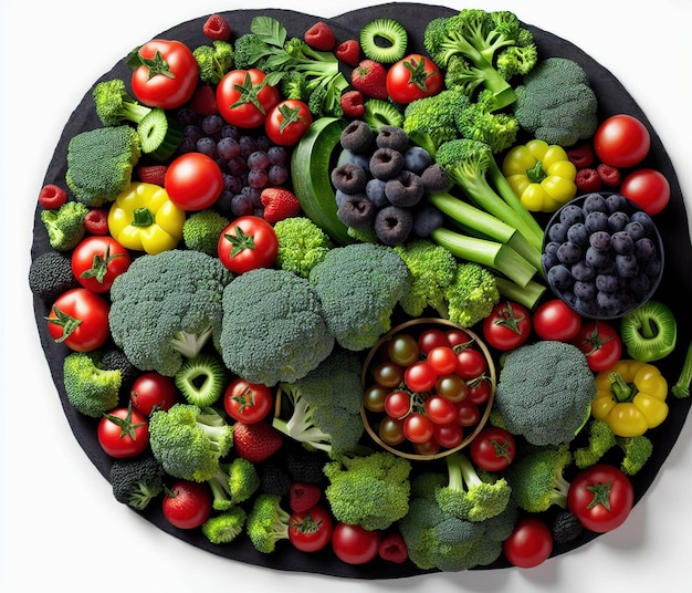 fresh fruits and vegetables on black background