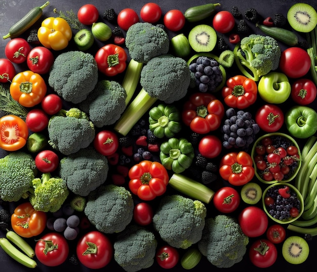 Fresh fruits and vegetables on black background