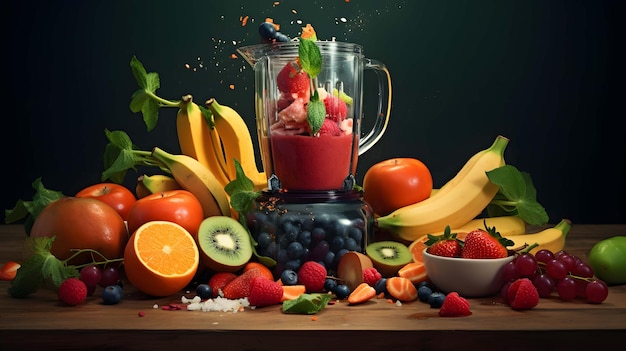 Fresh fruits and vegetables in the blender